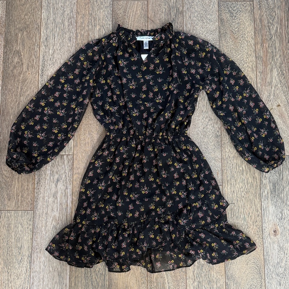 Sheer Floral Black Long Sleeve Dress XS